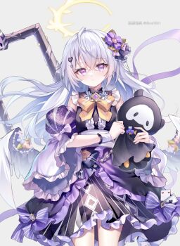 1girl alternate_costume azusa_(blue_archive) blue_archive bow closed_mouth crossed_bangs detached_sleeves dress dress_bow feathered_wings floating_hair grey_background guzangnanfeng hair_between_eyes hair_ornament halo highres long_hair long_sleeves looking_at_viewer low_wings purple_bow purple_dress simple_background skullman_(blue_archive) solo very_long_hair white_wings wide_sleeves wings wristband