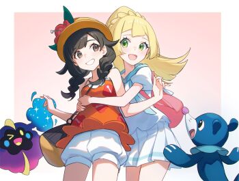 2girls armpit_crease artist_request bag bare_shoulders black_eyes black_hair blonde_hair braid child clenched_teeth cosmog eyelashes female_focus flat_chest flower_ornament gen_7_pokemon green_eyes hair_flaps halterneck hands_up happy hat hug hug_from_behind legendary_pokemon light_blush lillie_(pokemon) long_hair matching_hair/eyes miniskirt multiple_girls neck nintendo official_alternate_costume official_alternate_hairstyle parted_bangs pleated_skirt pokemon pokemon_(creature) pokemon_usum ponytail ponytail_with_braided_base popplio sailor_collar sailor_shirt selene_(pokemon) shirt short_shorts short_sleeves shorts shoulder_bag side_braids sidelocks skirt sleeveless sleeveless_shirt smile standing teeth thighs