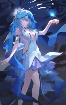 1girl absurdres armlet blue_butterfly blue_dress blue_veil breasts bug butterfly chinese_commentary closed_mouth commentary_request dress feet_out_of_frame fishprince19 hair_between_eyes hand_up highres insect jewelry long_hair looking_at_viewer medium_breasts purple_eyes purple_hair shorekeeper_(wuthering_waves) sleeveless sleeveless_dress solo two-tone_veil veil white_veil wuthering_waves