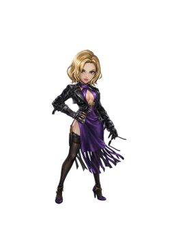 1girl blonde_hair breasts cleavage crossover dress high_heels jacket large_breasts namco nina_williams official_art purple_dress solo summoners_war tekken tekken_8 thighhighs