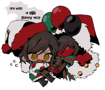 2girls balloon black_pants bow bowtie brown_hair chibi commentary dual_persona e.g.o_(project_moon) full_body green_bow green_bowtie hat holiday_(e.g.o) korean_text limbus_company multiple_girls orange_hair outis_(project_moon) pants patchwork_clothes project_moon santa_hat simple_background sweater symbol-only_commentary translation_request white_background white_hat white_sweater yippee