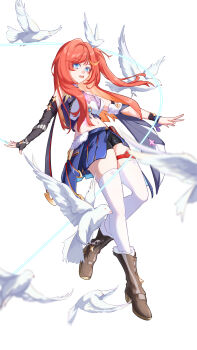 1girl absurdres bird black_shorts blue_eyes blue_skirt boots breasts brown_boots chinese_commentary commentary_request crop_top dove highres large_breasts long_hair looking_at_viewer midriff miniskirt navel parted_lips red_hair senadina senadina_(deepspace_anchor:_first_light) short_shorts shorts simple_background skirt solo thighhighs thighs white_background white_thighhighs wuling_yl