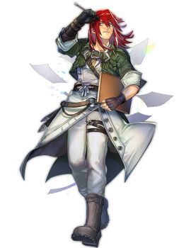 Rule 34 | 1boy, arm up, asymmetrical gloves, belt buckle, black boots, black gloves, boots, buckle, buttons, closed mouth, coat, commentary request, cropped jacket, fingerless gloves, full body, gloves, green jacket, hair between eyes, holding, holding pencil, holding sketchbook, it's my life (narita imomushi), jacket, kyuss arnold sevenfold, looking to the side, male focus, medium hair, narita imomushi, open clothes, open jacket, pants, paper, pencil, red hair, sketchbook, smile, solo, standing, walking, white background, white coat, white pants, wrist belt