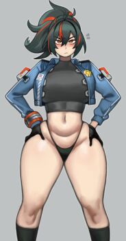 absurdres black_hair bottomless breasts commentary curvy english_commentary hands_on_own_hips highres jacket kelvin_hiu large_breasts legs looking_at_viewer multicolored_hair police police_uniform policewoman ponytail socks solo streaked_hair thick_thighs thighs underwear zenless_zone_zero zhu_yuan
