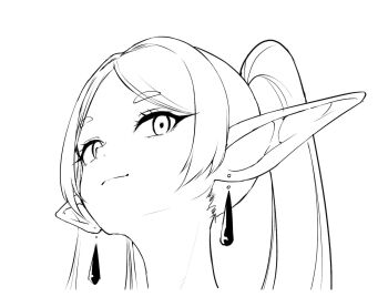 1girl closed_mouth earrings elf fan_no_hitori frieren jewelry long_hair meme parted_bangs pointy_ears portrait sidelocks solo sousou_no_frieren thick_eyebrows twintails upward_angle_frieren_drawing_(meme) white_background