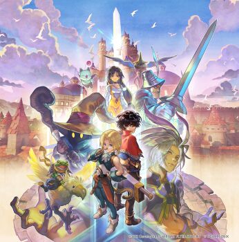 1girl 6+boys adelbert_steiner aldo_(another_eden) another_eden armor back-to-back bare_shoulders bird black_choker black_hair black_mage_(final_fantasy) black_waltz blonde_hair blue_coat blue_pants blue_vest blue_wrist_cuffs blush bodysuit boots breasts brown_boots brown_gloves capelet castle cat_tail chocobo choker cloud cloudy_sky coat codpiece commentary_request creature cropped_jacket cropped_vest crossover crystal cyrus_(another_eden) feather_hair_ornament feathers final_fantasy final_fantasy_ix frog_boy full_body furrowed_brow garnet_til_alexandros_xvii gloves gold_trim grey_boots grey_gloves grey_hair hair_ornament hair_over_one_eye hand_on_own_hip hat helm helmet highres holding holding_staff holding_sword holding_weapon horizontal_pupils jewelry juliet_sleeves knight kuja long_hair long_sleeves low-tied_long_hair medium_breasts midriff moogle multiple_boys navel neck_ribbon official_art open_mouth orange_bodysuit pants parted_bangs pauldrons pendant plate_armor ponytail puffy_sleeves red_capelet ribbon riding riding_bird shirt short_ponytail shoulder_armor showgirl_skirt sky square_enix staff sword tail thigh_strap trap upper_body vest vivi_ornitier weapon white_shirt wings wizard_hat wright_flyer wrist_cuffs yellow_eyes zidane_tribal