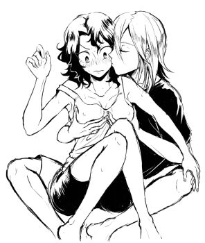 1boy 1girl aoyagi_hajime breasts covered_erect_nipples embarrassed gender_request genderswap grabbing_another&#039;s_breast groping hetero kiss monochrome no_bra sitting sitting_on_lap sitting_on_person tank_top teshima_junta yowamushi_pedal