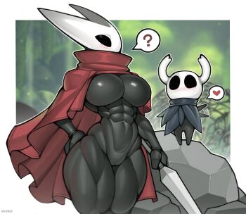 1girl 1other ? abs absurdres alternate_muscle_size arthropod_girl artist_name black_bodysuit bodysuit border breasts brother_and_sister cloak fake_horns game_screenshot_background half-siblings hand_on_own_hip heart highres hollow_knight hollow_knight:_silksong horned_headwear hornet_(hollow_knight) horns knight_(hollow_knight) large_breasts mask muscular muscular_female needle_(hollow_knight) needle_sword pussy roadi3 rock screenshot_background shiny_clothes siblings size_difference skin_tight thick_thighs thighs waving_arm white_border