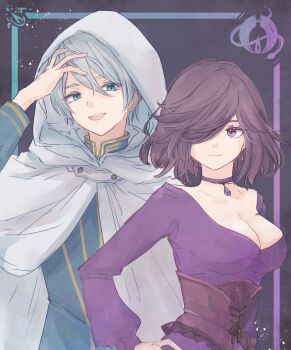 1boy 1girl black_background black_hair blue_eyes breasts brown_corset choker cleavage closed_mouth commentary_request corset dress grey_hair hair_between_eyes hair_over_one_eye hand_on_own_head highres hooded_robe inset_border large_breasts mamenogawa octopath_traveler octopath_traveler_ii open_mouth outside_border purple_choker purple_dress purple_eyes robe smile standing teeth temenos_mistral throne_anguis upper_teeth_only white_robe