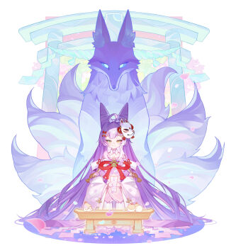 Rule 34 | 1girl, absurdres, ahoge, animalization, bow, closed mouth, commentary, commentary request, cone hair bun, creature, double-parted bangs, double bun, dress, english commentary, falling petals, fingernails, fox, fox girl, fox mask, full body, green eyes, hair bun, heterochromia, highres, holding, holding ofuda, inari (tenko shibuki), kitsune, korean commentary, kyuubi, large bow, long hair, long sleeves, mask, mask on head, meoreng illust, mixed-language commentary, multiple tails, nail polish, off-shoulder dress, off shoulder, ofuda, person and animalization, petals, pink dress, pink nails, purple hair, red bow, simple background, smile, solo, split mouth, stellive, straight-on, straight hair, tail, tenko shibuki, torii, very long hair, virtual youtuber, white background, wide sleeves, yellow eyes