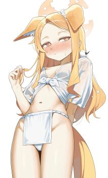 1girl absurdres animal_ear_fluff animal_ears bird blonde_hair blue_archive blush breasts flower forehead fox_ears fundoshi hair_flower hair_ornament halo highres japanese_clothes long_hair looking_at_viewer navel parted_bangs pelvic_curtain seia_(blue_archive) shirt short_sleeves sidelocks small_breasts solo syhan tail thighs tied_shirt white_shirt yellow_eyes