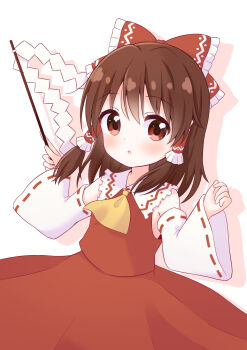 1girl :o ascot blush bow brown_hair detached_sleeves dot_nose dress frilled_bow frilled_hair_tubes frills gohei hair_bow hair_tubes hakurei_reimu japanese_clothes long_dress long_hair long_sleeves miko open_mouth red_bow red_dress red_eyes red_shirt ribbon-trimmed_sleeves ribbon_trim shirt simple_background sleeveless sleeveless_shirt solo toriki_fukuro touhou white_background yellow_ascot
