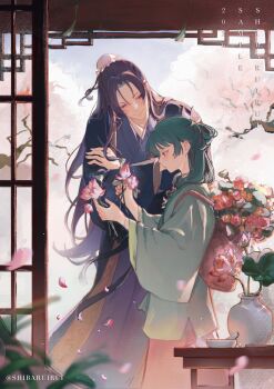 Rule 34 | 1boy, 1girl, 2026, architecture, backpack, bag, beads, black jacket, blunt bangs, bun cover, chinese clothes, closed mouth, cowboy shot, crossed arms, east asian architecture, falling petals, flower, green hair, green shirt, hair beads, hair bun, hair ornament, hair ribbon, half updo, highres, holding, holding flower, jacket, jinshi (kusuriya no hitorigoto), kusuriya no hitorigoto, light blush, long hair, looking at another, maomao (kusuriya no hitorigoto), mortar (bowl), parted bangs, pestle, petals, pink petals, purple hair, red bag, ribbon, sample watermark, shibaruirui, shirt, smile, twitter username, vase, watermark