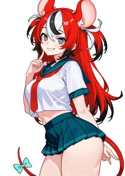 1girl :d absurdres animal_ear_fluff animal_ears arm_behind_back black_hair blue_eyes blue_skirt bow breasts bright_pupils colored_tips commentary cropped_shirt crossed_bangs danimocles dice_hair_ornament double-parted_bangs grin hair_between_eyes hair_ornament hakos_baelz hand_up highres hololive hololive_english index_finger_raised long_hair looking_at_viewer medium_breasts midriff miniskirt mouse_ears mouse_girl mouse_tail multicolored_hair open_mouth pleated_skirt red_hair school_uniform sharp_teeth shirt short_sleeves simple_background skirt smile solo streaked_hair tail tail_bow tail_ornament teeth two_side_up virtual_youtuber white_background white_hair white_pupils white_shirt