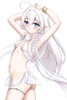 1girl absurdres ahoge armpits arms_up ass bangle blue_eyes blush bracelet braid breasts commission cowboy_shot dancer from_side hair_between_eyes heterochromia highres jewelry knosdeba long_hair navel original parted_lips pointy_ears purple_eyes skindentation small_breasts solo sweat thigh_strap variant_set white_hair