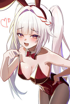 1girl absurdres alternate_breast_size_(larger) animal_ears bare_shoulders black_pantyhose bow bowtie breasts cleavage commentary_request ekaki_hagoromo fake_animal_ears fake_tail from_above highres honkai:_star_rail honkai_(series) large_breasts leotard long_hair looking_at_viewer open_mouth pantyhose playboy_bunny purple_eyes rabbit_ears rabbit_tail red_bow red_bowtie red_leotard simple_background smug solo sparkle_(honkai:_star_rail) sparxie_(honkai:_star_rail) tail twintails very_long_hair white_background white_hair