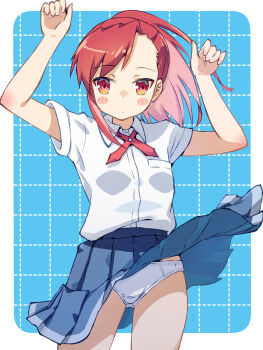 1girl akayama_yukihe blue_skirt blush fingernails flat_chest gluteal_fold highres looking_at_viewer medium_hair panties pantyshot pleated_skirt red_eyes red_hair ruri_no_houseki school_uniform seto_shouko shirt skirt solo underwear white_panties