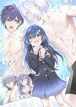 1girl 4boys artist_request bare_shoulders black_jacket black_pants blazer blue_hair blush brown_eyes colorized date_a_live genderswap genderswap_(ftm) genderswap_(mtf) glasses grey_hair grin hair_between_eyes hair_ornament highres honjou_nia itsuka_shiori jacket long_hair long_sleeves microphone multiple_boys murasame_reine muscular muscular_male neck_ribbon official_art open_mouth pants pleated_skirt purple_eyes purple_hair raizen_high_school_uniform ribbon school_uniform short_hair skirt smile splashing third-party_source tobiichi_origami v-shaped_eyebrows white_hair yatogami_tohka