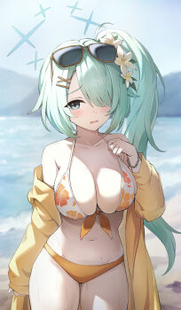 1girl aqua_hair beach bikini blue_archive blurry blurry_background breasts cleavage commentary cowboy_shot day eyewear_on_head floral_print floral_print_bikini flower front-tie_bikini_top front-tie_top hair_flower hair_ornament hair_over_one_eye hairclip halo hand_up highres hiyori_(blue_archive) hiyori_(swimsuit)_(blue_archive) jacket jacket_over_swimsuit large_breasts long_hair looking_at_viewer mimihachi multicolored_bikini navel official_alternate_costume open_mouth orange_bikini outdoors print_bikini side_ponytail single_sleeve_past_wrist solo stomach sunglasses swimsuit wavy_mouth white_bikini x_hair_ornament yellow-framed_eyewear yellow_jacket