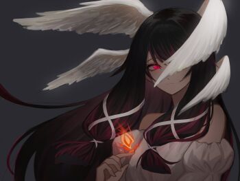 1girl bare_shoulders black_hair closed_mouth columbina_(genshin_impact) commentary crimson_lotus_moth_(genshin_impact) detached_sleeves dress english_commentary genshin_impact grey_background hair_ribbon head_wings highres long_hair memxcll multicolored_hair one_eye_covered red_eyes ribbon simple_background solo two-tone_hair upper_body very_long_hair white_dress white_ribbon white_wings wings