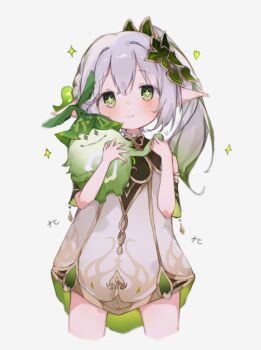 1girl absurdres aranara_(genshin_impact) bare_shoulders blush check_commentary closed_mouth commentary_request cropped_legs cross-shaped_pupils detached_sleeves dress genshin_impact gold_trim gradient_hair green_eyes green_hair green_sleeves hair_between_eyes hair_ornament hands_up highres leaf_hair_ornament long_hair looking_at_viewer multicolored_hair nahida_(genshin_impact) pointy_ears side_ponytail simple_background sleeveless sleeveless_dress smile solo symbol-shaped_pupils tata_b_o_x white_background white_dress white_hair