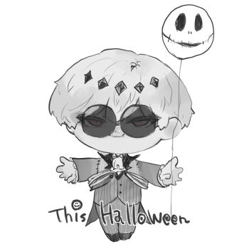 1boy balloon chibi crown diamond_hairband formal_clothes gloves highres hzl777 jack_skellington jacket long_sleeves looking_at_viewer male_focus pinstripe_pattern pinstripe_suit pinstripe_vest round_eyewear short_hair skeleton_print skully_j._graves smile solo striped_clothes striped_vest suit sunglasses the_nightmare_before_christmas vertical-striped_clothes vertical-striped_vest vest white_hair