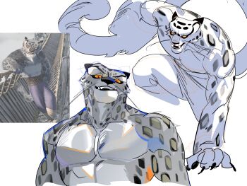 abs animal_ears bare_pectorals chest_fur claws collarbone fangs furry furry_male grey_fur head_tilt highres karmaho kung_fu_panda leopard_boy leopard_ears looking_at_viewer multicolored_eyes muscular muscular_male open_mouth orange_eyes pants pectorals screencap shade sketch snow_leopard snow_leopard_boy snow_leopard_ears snow_leopard_tail solo spotted_fur tai_lung whiskers white_background