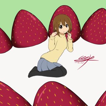 1girl 2025 black_pantyhose brown_eyes brown_hair cake closed_mouth dated dot_nose female_focus food fruit full_body green_jacket hair_ornament hairclip hirasawa_yui jacket k-on! long_sleeves looking_at_viewer mitreku no_shoes pantyhose short_hair simple_background skirt solo strawberry