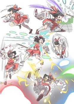 Rule 34 | 1girl, ascot, bloomers, bow, brown eyes, brown hair, brown shoes, chest sarashi, closed eyes, closed mouth, danmaku, detached sleeves, fighting, frilled bow, frilled hair tubes, frilled skirt, frills, full body, gohei, gyouza (mhea5724), hair bow, hair tubes, hakurei reimu, highres, holding, holding gohei, kneehighs, long hair, mary janes, midriff peek, multiple views, navel, open mouth, red bow, red skirt, ribbon-trimmed sleeves, ribbon trim, sarashi, shoes, skirt, skirt set, socks, touhou, underwear, upskirt, white bloomers, white socks, yellow ascot