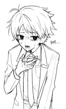1boy @_@ akinashi_haru collared_shirt derivative_work dress_shirt formal_clothes gloom_(expression) greyscale hand_up hashtag-only_commentary jacket korean_text lapels lineart looking_at_viewer m2_ntal male_focus monochrome necktie saihate_eki shirt short_hair solo sprite_redraw suit_jacket sweat tearing_up translation_request upper_body vomit vomit_on_hand vomiting white_background