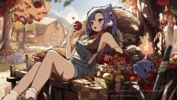 1girl animal animated apple bandaid bandaid_on_leg eating fingerless_gloves food fruit gloves horns night original outdoors overalls sitting sleeping soyutrys tagme video village