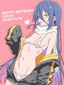 1girl bags_under_eyes bare_shoulders bikini black_jacket borrowed_character breasts closed_mouth colored_tongue commentary_request forked_tongue hair_between_eyes happy_birthday heart highres jacket long_hair long_hair_between_eyes long_tongue looking_at_viewer matuo3232 micro_bikini multicolored_hair multicolored_tongue navel off_shoulder open_clothes open_jacket original pink_background purple_tongue sanpaku scarf sleeves_past_fingers sleeves_past_wrists slit_pupils small_breasts solo stomach swimsuit tongue tongue_out yellow_eyes