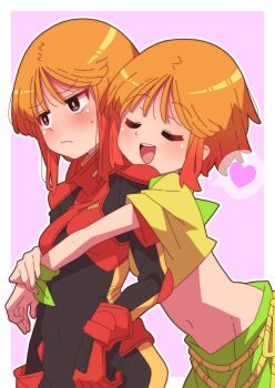 2girls absurdres blush border breasts commentary_request covered_navel elpeo_puru gloves gundam gundam_zz heart highres hug hug_from_behind light_blush mecha_pilot_suit midriff military_uniform multiple_girls navel neo_zeon normal_suit_(gundam) onimaru_(onimal7802) orange_hair purple_background puru_two red_gloves science_fiction short_hair skirt small_breasts smile spoken_heart standing upper_body white_border yuri