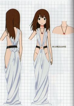 arm_at_side arm_out_of_frame ass_peek back big_order brown_hair collar collar_jewel expressionless facing_away flat_chest green_eyes groin highres hoshimiya_sena jewelry long_hair multiple_views naked_robe navel necklace no_nose no_panties official_art open_clothes pendant_collar pointing_out_the_details reference_sheet robe straight-on white_robe