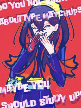 1girl black_hair blue_jacket blue_pants blueberry_academy_school_uniform carmine_(pokemon) closed_eyes crossed_bangs english_text eyelashes fanny_pack gloves hair_between_eyes hairband highres jacket long_hair long_sleeves mole mole_under_eye multicolored_hair nintendo pants partially_fingerless_gloves pokemon pokemon_sv red_background red_gloves red_hair school_uniform shiro_(46isou) single_glove smile solo two-tone_hair yellow_hairband