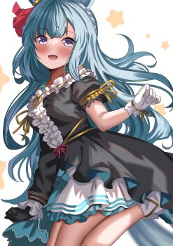 1girl absurdres ame_sagari animal_ears asymmetrical_gloves asymmetrical_sleeves black_dress black_gloves blue_hair blush bow braid breasts center_frills commentary_request crown_braid dress ear_ornament ear_ribbon frills gloves highres horse_ears horse_girl horse_tail long_hair looking_at_viewer medium_breasts mejiro_ardan_(clinochlore_line)_(umamusume) mejiro_ardan_(umamusume) mismatched_gloves off-shoulder_dress off_shoulder open_mouth purple_eyes smile solo star_(symbol) tail umamusume uneven_sleeves white_gloves