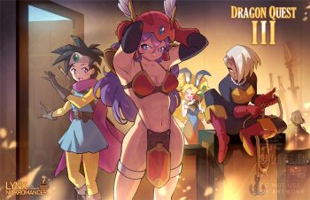4girls armor armpits bikini bikini_armor black_hair blonde_hair bodysuit bottle cape cheesecakes_by_lynx copyright_name crate dark-skinned_female dark_skin door doorway dragon_quest dragon_quest_iii gadabout_(dq3) gloves grappling_hook grey_hair helmet heroine_(dq3) highleg highleg_bikini highres multiple_girls open_door paid_reward_available pelvic_curtain playboy_bunny purple_hair sitting smile swimsuit thief_(dq3) thighs toned toned_female warrior_(dq3) watermark wine_bottle winged_helmet