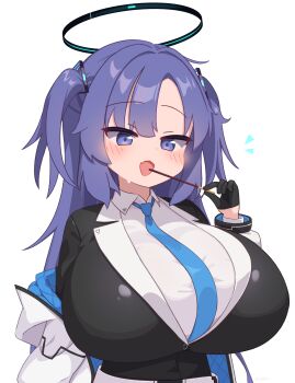 1girl absurdres alternate_breast_size_(larger) belt black_gloves black_halo black_jacket blue_archive blue_necktie blush breasts coat commentary_request fang food gabai gloves hair_ornament halo highres holding holding_food holding_pocky huge_breasts jacket long_hair long_sleeves mechanical_halo necktie open_mouth pocky pocky_day purple_eyes purple_hair shirt sidelocks simple_background skin_fang solo two_side_up upper_body white_background white_coat white_shirt yuuka_(blue_archive)