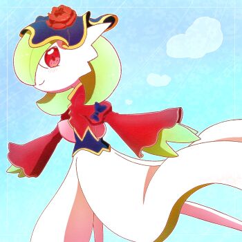 Rule 34 | 1girl, blue background, blue bow, blue hat, blush, bob cut, border, bow, closed mouth, clothed pokemon, colored skin, female focus, flower, from side, gardevoir, gardevoir (aristocrat), gen 3 pokemon, gold trim, green hair, green skin, hair over one eye, happy, hat, juliet sleeves, leg up, light blush, long sleeves, looking at viewer, multicolored skin, nintendo, one eye covered, outline, outside border, outstretched arms, pokemon, pokemon (creature), pokemon unite, puffy sleeves, red eyes, red flower, red rose, red shirt, rose, shirt, short hair, smile, solo, standing, standing on one leg, two-tone skin, white outline, white skin, wide sleeves, yuri (fl0werspace)