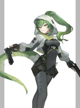 1girl arknights arknights:_endfield black_bodysuit black_gloves bodysuit closed_mouth clothes_writing commentary covered_navel feet_out_of_frame fingerless_gloves fluorite_(arknights) gloves green_eyes green_hair green_tail gun hair_between_eyes handgun highres holding holding_gun holding_weapon hood hood_up long_hair long_sleeves looking_at_viewer ponytail ririn_(alethyne) simple_background snake_girl snake_tail solo standing tail weapon white_background white_hood