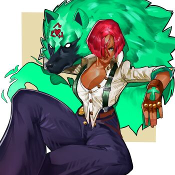 1girl arrow_(symbol) brown_gloves commentary dark-skinned_female dark_skin english_commentary fingerless_gloves giovanna_(guilty_gear) gloves green_fur guilty_gear high-waist_pants highres miserylovesyou pants partially_unbuttoned police_badge recycling_symbol red_hair rei_(guilty_gear) short_hair sleeves_pushed_up suspenders wolf