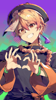 Rule 34 | 1boy, abstract background, bead bracelet, beads, black hat, black shirt, bracelet, chinese commentary, chinese text, commentary request, earrings, four-finger heart hands, grin, hair between eyes, hat, heart, heart hands, highres, jewelry, jiangshi, long sleeves, male focus, ofuda, ofuda on head, orange eyes, orange hair, patchwork skin, project sekai, qingdai guanmao, shirt, short hair, smile, solo, tassel, tassel earrings, tenma tsukasa, upper body, v-shaped eyebrows, wide sleeves, xxx-xi