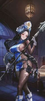 Rule 34 | 1girl, absurdres, arm shield, bed, belt, black belt, black hair, blue tabard, bodystocking, boots, braid, braided ponytail, breasts, chair, covered navel, covered sideboob, cross, cross earrings, djhamd, earrings, feet out of frame, flower, gloves, goddess of victory: nikke, hair flower, hair ornament, hat, highres, holding, holding mace, holding weapon, ice flower, indoors, jewelry, large breasts, long hair, looking at viewer, mace, maiden (ice rose) (nikke), maiden (nikke), o-ring, o-ring belt, official alternate costume, pouch, skindentation, solo, tabard, thigh pouch, thigh strap, torn bodystocking, torn clothes, very long hair, weapon, white boots, white gloves, white hat, white trim, window, wooden floor