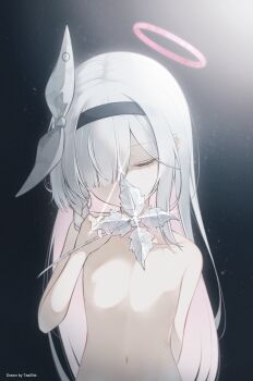 1girl absurdres arm_behind_back bare_arms bare_shoulders black_hairband blue_archive braid closed_eyes collarbone covering_own_mouth dark_background flat_chest flower glint hair_over_one_eye hair_ribbon hairband halo hand_up highres holding holding_flower long_hair navel no_nipples nude plana_(blue_archive) red_halo ribbon single_braid solo tea_shir very_long_hair white_flower white_hair white_ribbon