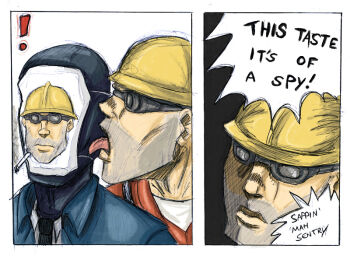 ! 2boys araki_hirohiko_(style) bad_deviantart_id bad_id blu_spy_(tf2) chuffyzor cigarette comic comic_panel_redraw crossover derivative_work engineer_(tf2) english_text formal_clothes helmet jojo_no_kimyou_na_bouken licking licking_another&#039;s_cheek licking_another&#039;s_face male_focus meme multiple_boys parody red_engineer_(tf2) smoke smoking spy_(tf2) style_parody suit taste_of_a_liar_(meme) team_fortress_2 the_taste_of_a_liar vento_aureo