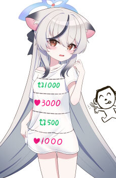 1boy 1girl absurdres alternate_costume animal_ear_fluff animal_ears blue_archive blue_halo bow brown_hair collarbone commentary_request cowboy_shot doodle_sensei_(blue_archive) gnoet gradient_hair hair_between_eyes hair_bow hair_ribbon halo halo_behind_head highres holding holding_scissors kokona_(blue_archive) loli long_hair looking_at_viewer multicolored_hair multicolored_halo multiple_drawing_challenge oversized_clothes oversized_shirt ribbon scissors sensei_(blue_archive) shirt short_sleeves sidelocks simple_background streaked_hair tiger_ears tiger_girl twitter_cutting_game two-tone_hair two-tone_halo white_background white_hair white_shirt