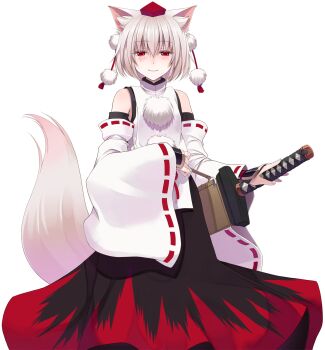 Rule 34 | 1girl, animal ear fluff, animal ears, bare shoulders, black skirt, blush, closed mouth, commentary request, cowboy shot, crote, detached sleeves, grey hair, half-closed eyes, hand up, hat, highres, holding, holding sword, holding weapon, inubashiri momiji, large variant set, long skirt, long sleeves, looking at viewer, red eyes, red hat, ribbon-trimmed sleeves, ribbon trim, sheath, sheathed, shirt, short hair, skirt, sleeveless, sleeveless shirt, smile, solo, sword, tachi-e, tail, tokin hat, touhou, transparent background, turtleneck, turtleneck shirt, variant set, weapon, white shirt, wide sleeves, wolf ears, wolf girl, wolf tail