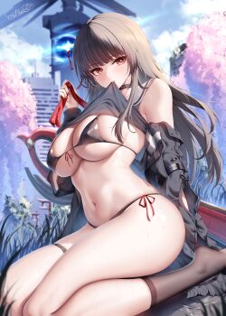 1girl alternate_breast_size_(larger) bare_shoulders bikini black_bikini black_choker black_hair black_jacket black_shirt black_socks blush breasts chisa_(wuthering_waves) choker cleavage clothes_grab clothes_lift commentary from_side hair_ribbon highres jacket large_breasts long_hair looking_at_viewer mouth_hold multiple_torii nail_polish navel neckerchief neckwear_grab off_shoulder outdoors red_eyes red_nails red_neckerchief red_ribbon ribbon seiza shirt shirt_lift side-tie_bikini_bottom signature sitting smile socks solo stomach swimsuit thigh_strap thighs torii wsman wuthering_waves