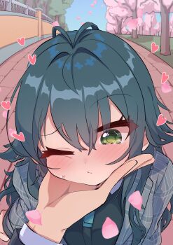 Rule 34 | 1boy, 1girl, absurdres, averting eyes, blush, brick road, c civciv, cherry blossoms, chin on palm challenge, closed mouth, coat, commentary, day, falling petals, gakuen idolmaster, green eyes, green hair, grey coat, heart, highres, idolmaster, long hair, looking down, one eye closed, outdoors, petals, plaid clothes, plaid coat, pov, pov hands, producer (idolmaster), standing, sweatdrop, untranslatable commentary, tsukimura temari