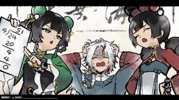 Rule 34 | 1boy, 2girls, absurdres, arguing, arms up, bad math, bead bracelet, beads, black dress, black hair, black sweater, bracelet, braid, braided hair rings, closed eyes, copyright name, copyright notice, dress, green eyes, green sleeves, hair ornament, hair rings, hands on own head, hands up, highres, holding, holding paper, huai (xinyue tongxing), ink wash painting, jewelry, ke (xinyue tongxing), logo, looking at another, low twintails, math, medium hair, multiple girls, official art, official wallpaper, open mouth, paper, pom pom (clothes), pom pom hair ornament, red sleeves, siblings, sisters, sweat, sweater, triangle mouth, twintails, upper body, white dress, white hair, wutong (xinyue tongxing), xinyue tongxing